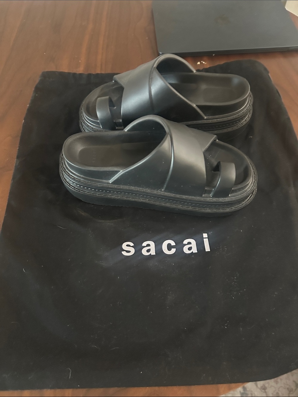 Sacai Black Leather Platform Toe-Loop Slides